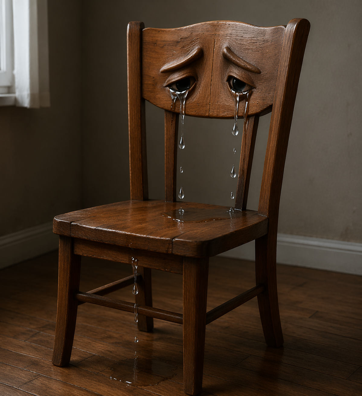 Une chaise en bois avec des larmes